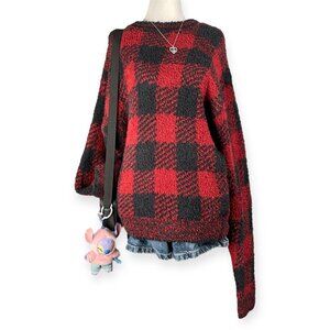 Skims Women’s Red Black Plaid Fuzzy Pullover Sweater Size S/M Oversized Cozy NWT